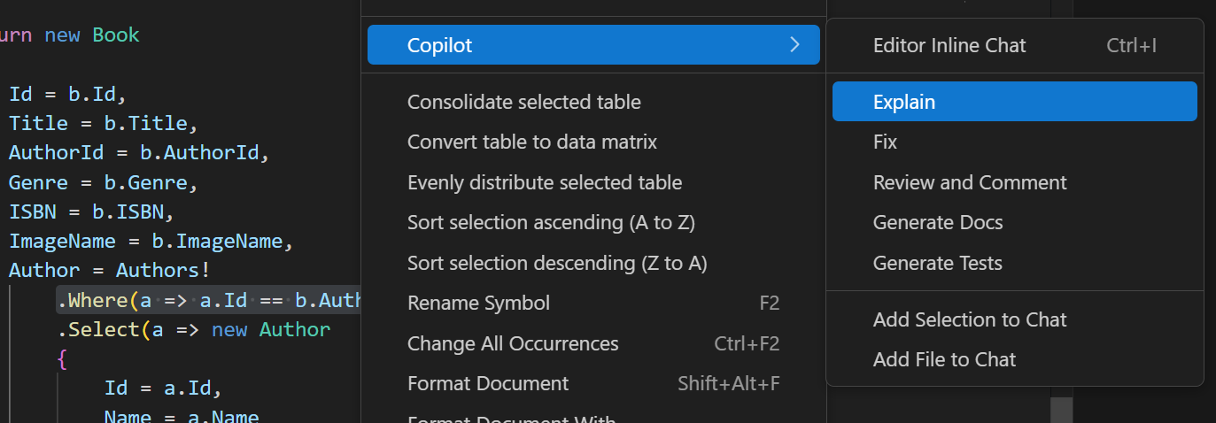 Capture d’écran montrant l’action Expliquer intelligente dans le menu contextuel.