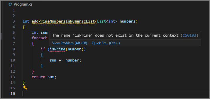 Capture d’écran montrant la méthode addPrimeNumbersInNumericList fusionnée dans le code avec isPrime soulignée en rouge.