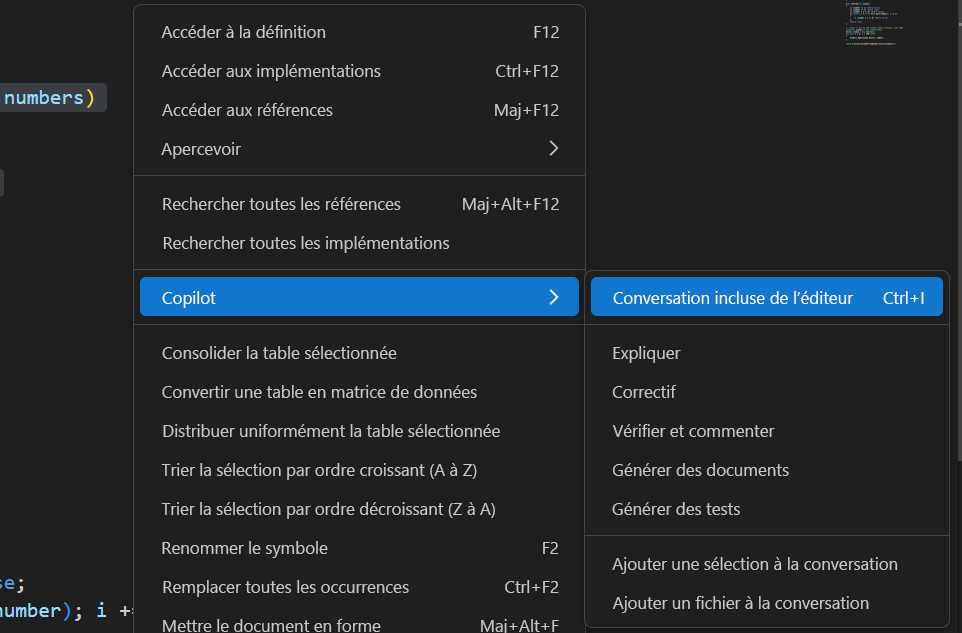 Capture d’écran montrant comment accéder à la conversation inline à partir du menu Copilot dans Visual Studio Code.