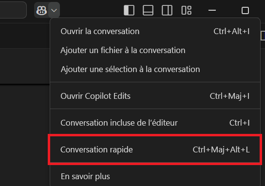 Capture d’écran montrant comment accéder à la conversation rapide dans Visual Studio Code.