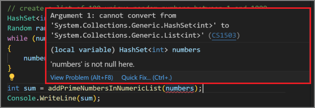 Capture d’écran montrant une erreur de compilation dans Visual Studio Code.