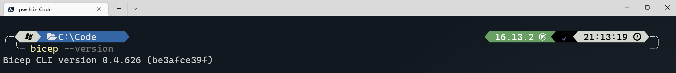 Capture d’écran de la CLI Bicep pour Windows avec l’affichage de la version.