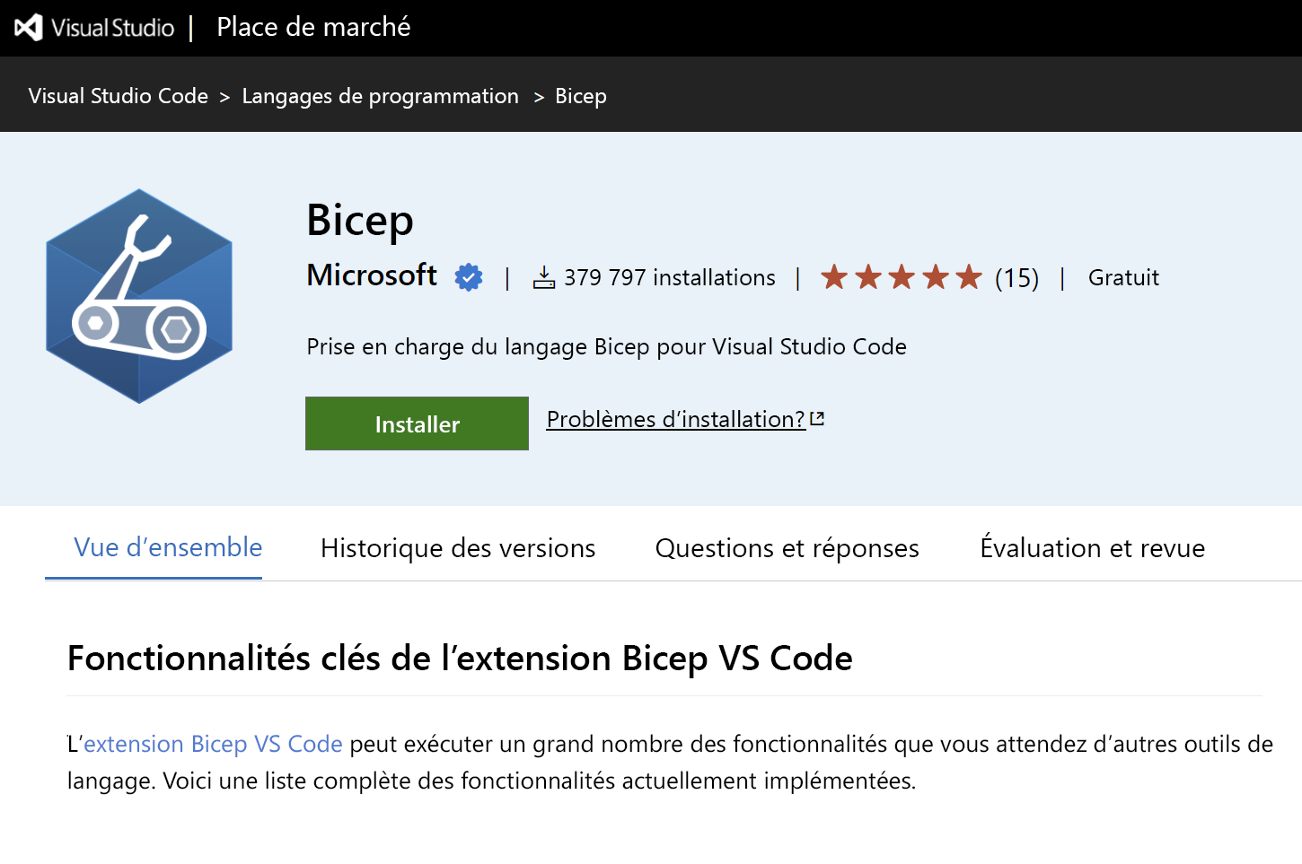 Capture d’écran de l’extension Bicep à partir de la Place de marché VS Code.
