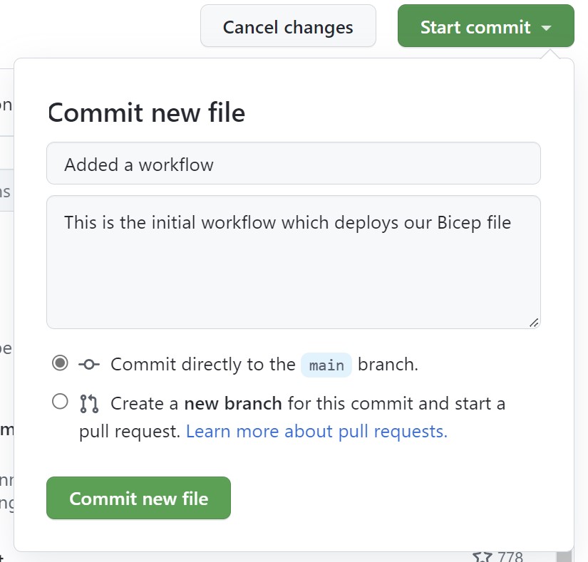 Capture d’écran de GitHub qui commite un nouveau fichier dans la branche main.