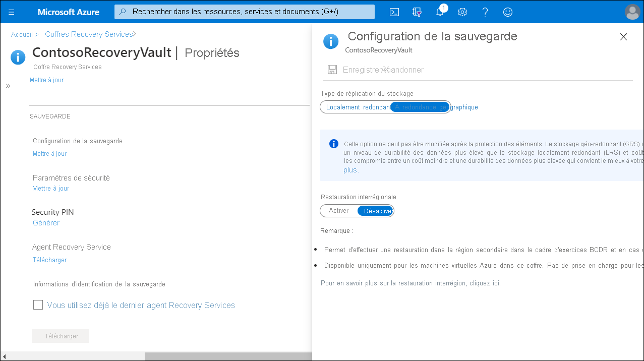 A screenshot of the Backup Configuration blade in the Azure portal. The administrator has selected Geo-redundant.