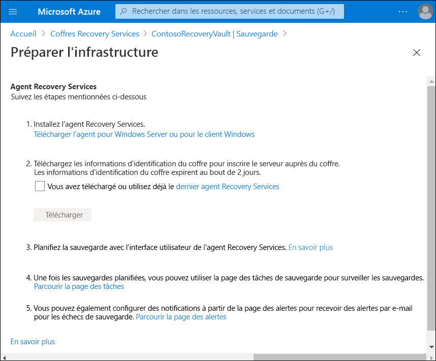 A screenshot of the Prepare infrastructure blade in the Azure portal. Step 1 provides a link to download the MARS recovery services agent.