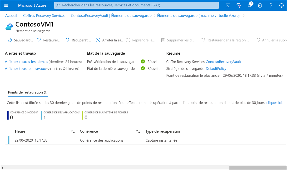 A screenshot of the ContosoVM1 | Backup Item blade in the Azure portal. One Restore point is listed.