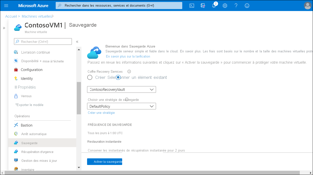 A screenshot of the ContosoVM1 virtual machine Backup blade. The Recovery Services vault ContosoRecoveryVault is selected.