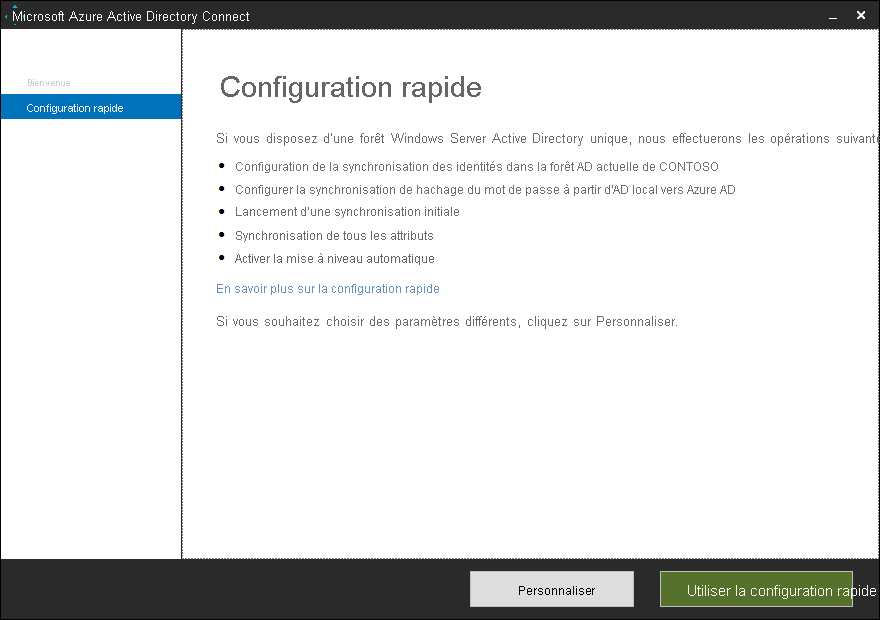 A screenshot of the Microsoft Entra Connect Wizard's Express Settings page. The administrator can choose Customize or Use express settings. The current AD forest is CONTOSO..