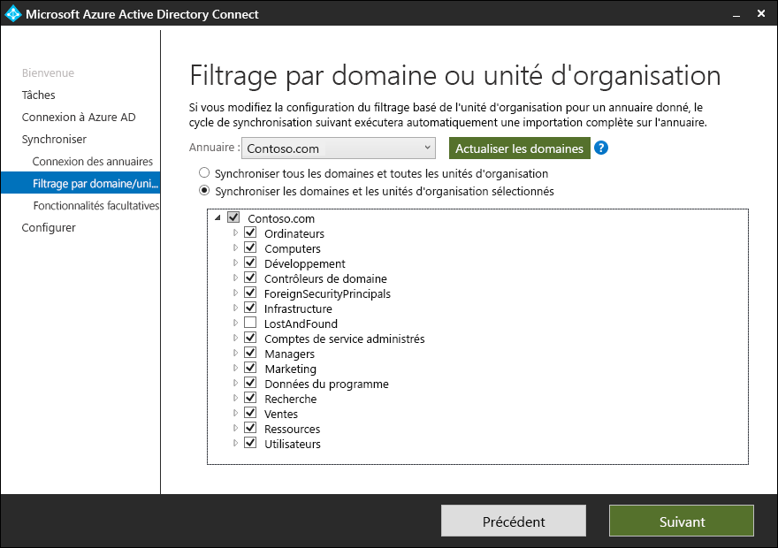 A screenshot of the Microsoft Entra Connect Wizard, Domain/OU Filtering tab. The administrator has selected the Sync selected domains and OU options, in addition to the various OUs from the returned Contoso.com list. 