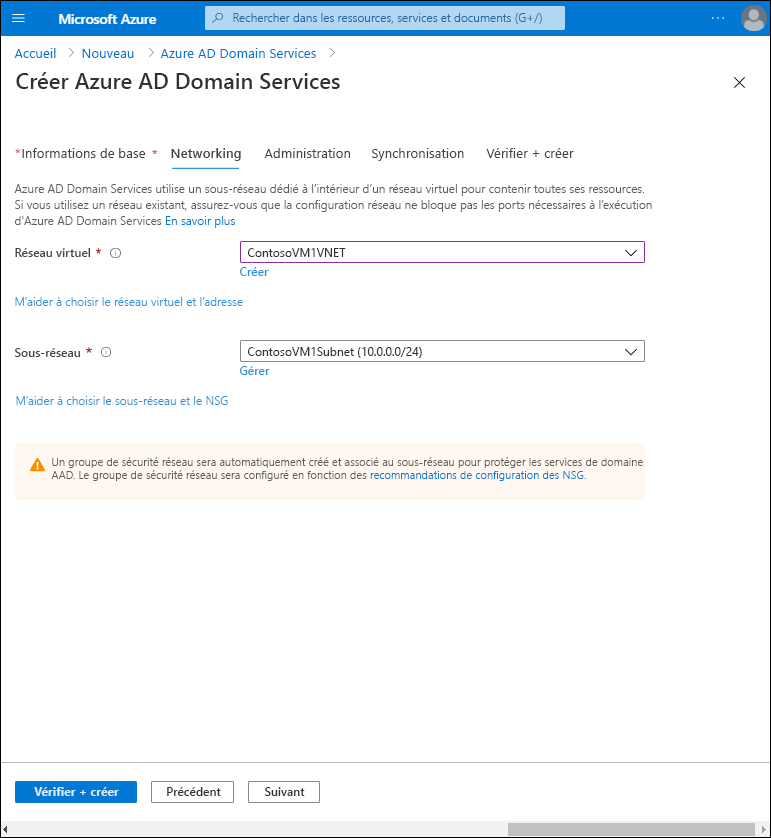 A screenshot of the Networking tab in the Create Microsoft Entra Domain Services Wizard in the Azure portal. The administrator has entered the Virtual network and Subnet details.