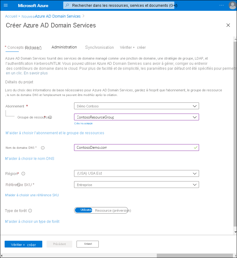 A screenshot of the Basics tab in the Create Microsoft Entra Domain Services Wizard in the Azure portal. The settings have been defined as follows: Resource group is ContosoResourceGroup, DNS domain name is ContosoDemo.com, and SKU is Enterprise.