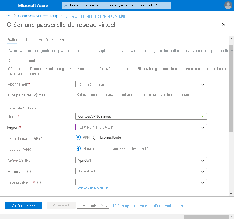 A screenshot of the Create a virtual network gateway page. The administrator has defined the subscription. The Name is ContosoVPNGateway, in the East US region. Gateway type is VPN, and VPN type is Route-based.