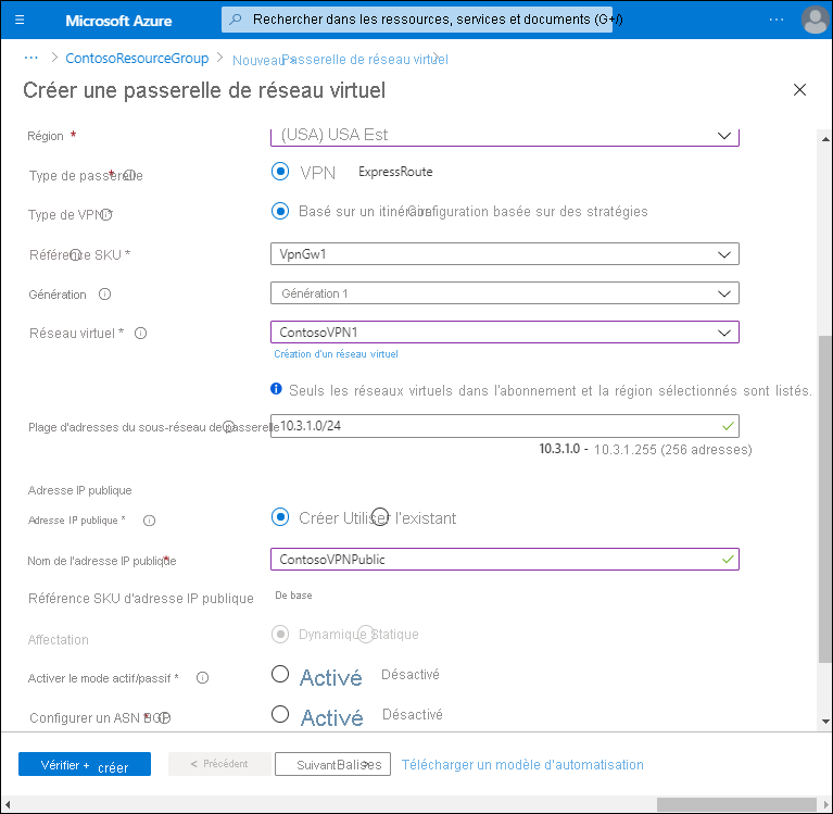 A screenshot of the Create a virtual network gateway page. The administrator has selected the Gateway subnet address range (10.3.1.0/24) and has opted to create a new Public IP address called ContosoVPNPublic. Other options are disabled..