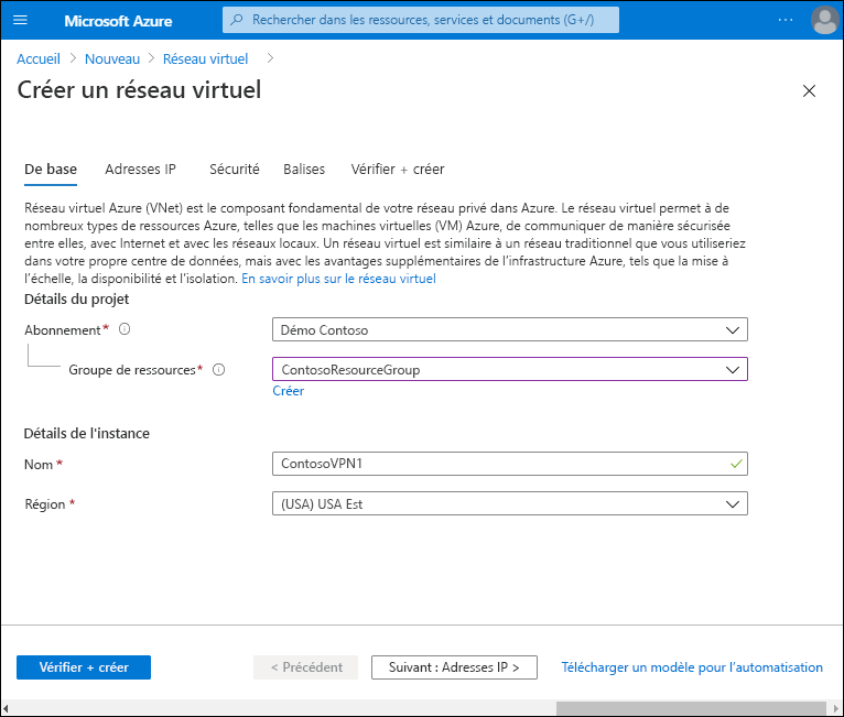 A screenshot of the Create a virtual network page. The administrator has defined the subscription, and selected the ContosoResourceGroup. The VNet name is ContosoVPN1 in the East US region.