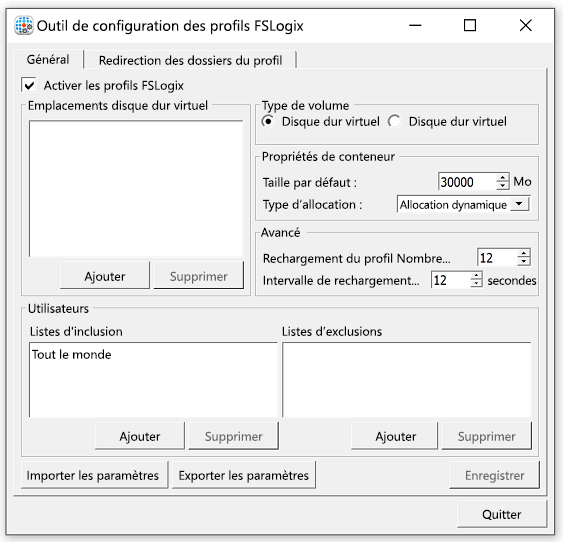 Screenshot showing the FSLogix Configuration Tool attributes.
