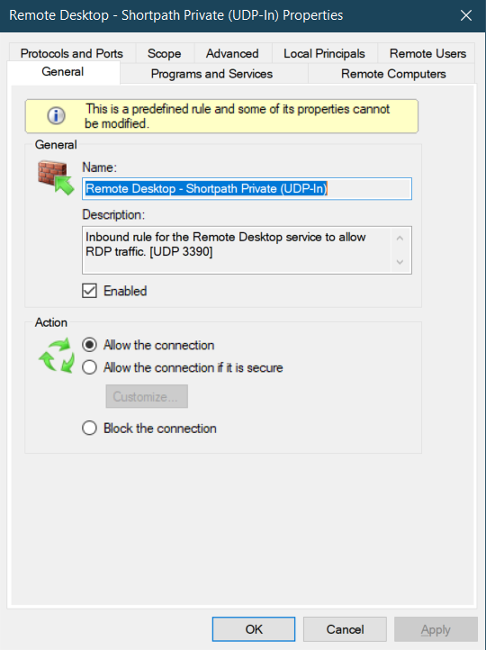 Sreenshot showing the General tab for Firewall configuration for RDP Shortpath Network Connections with Allow the connection option selected.