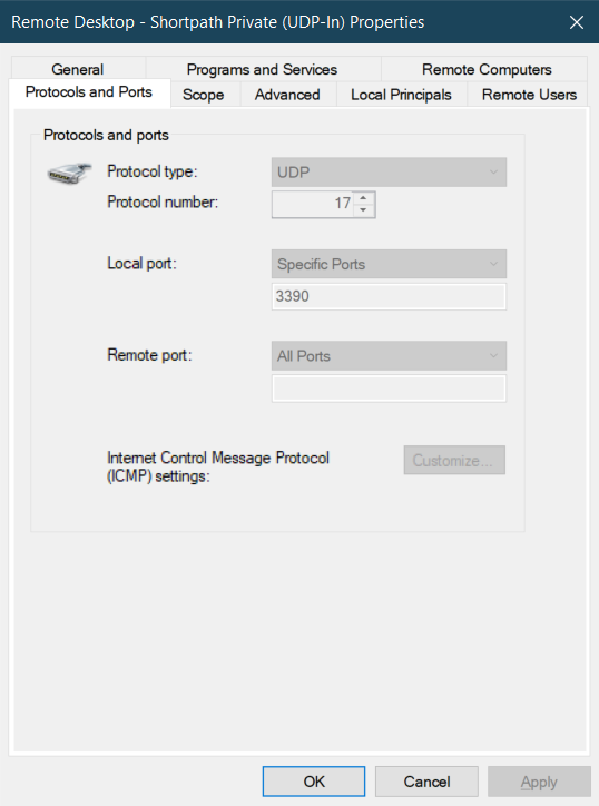 Screenshot showing the Protocols and Ports tab for Firewall configuration for RDP Shortpath.