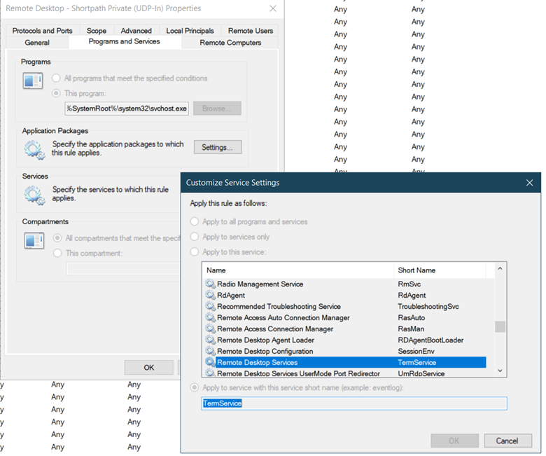 Screenshot showing the Programs and Services tab for Firewall configuration for RDP Shortpath Network Connections.