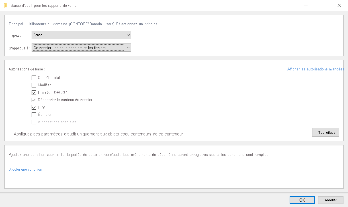 Cette capture d’écran affiche les paramètres d’audit d’un dossier appelé SalesReports. Un type d’audit d’échec a été sélectionné pour les utilisateurs de domaine qui tentent d’accéder au dossier SalesReports.