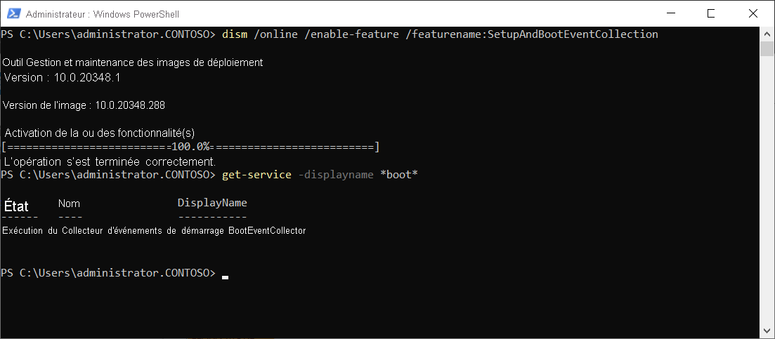 La capture d’écran affiche une session PowerShell en cours d’exécution dans une fenêtre de commande. Le service collecteur d’événements de démarrage affiche l’État en cours d’exécution.