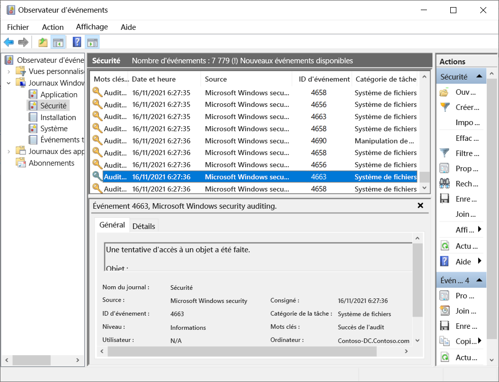 Cette capture d’écran affiche la console Observateur d’événements dans Outils d’administration. Journaux\Sécurité Windows est développé avec Journal de sécurité sélectionné. Un événement de l’ID&nbsp;4336 est mis en évidence.