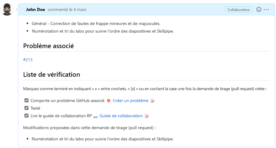 Capture d’écran d’une demande de tirage ouverte avec un champ de description, le problème associé et un modèle de check-list.