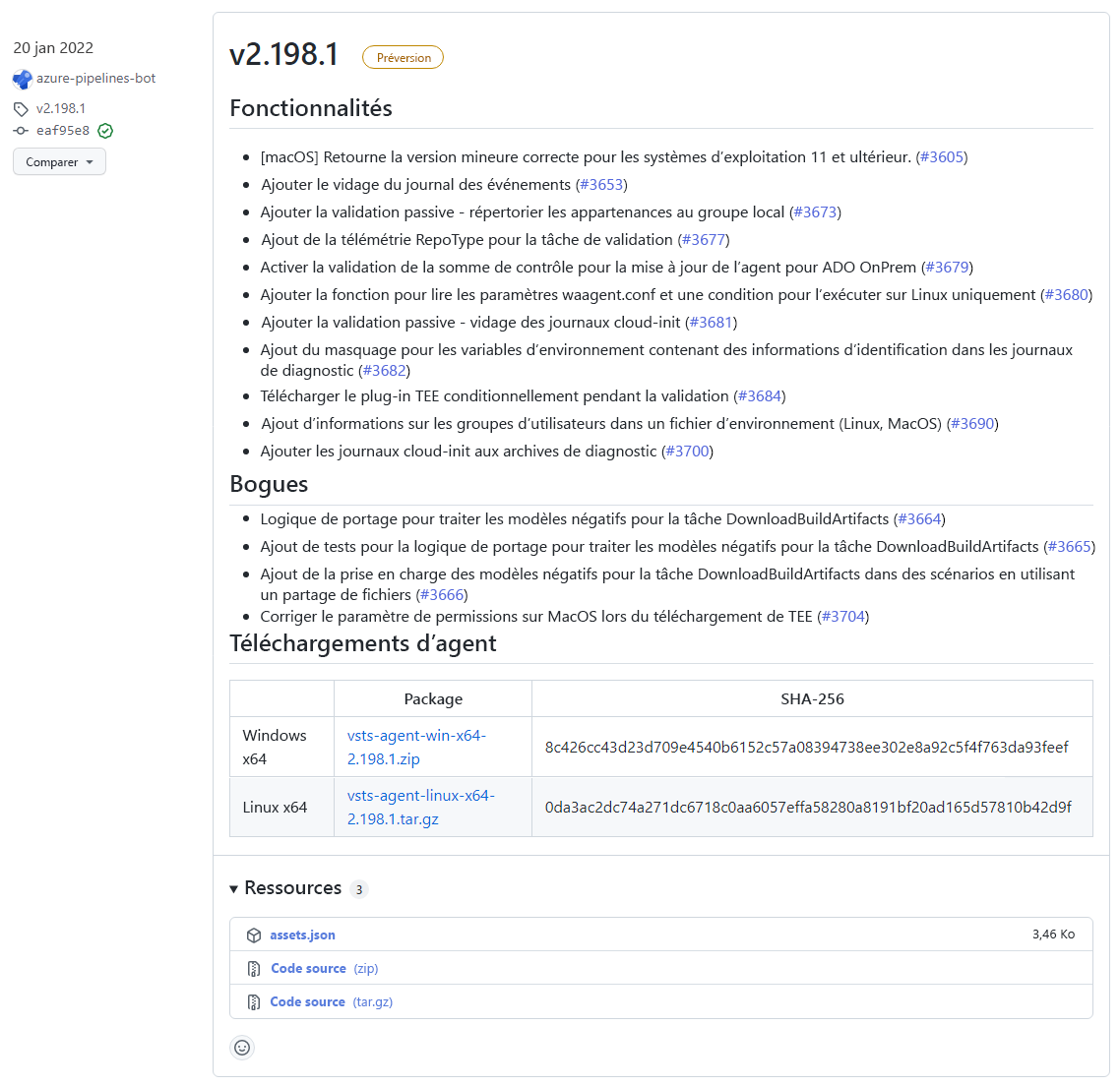 Capture d’écran des notes de publication de GitHub.
