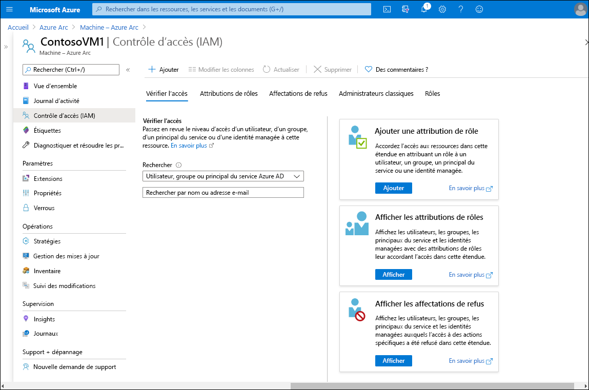 A screenshot of the Access control (IAM) page in the Azure portal, for the selected VM, ContosoVM1. The details pane has five tabs: Check access (selected), Role assignments, Deny assignments, Classic administrators, and Roles.