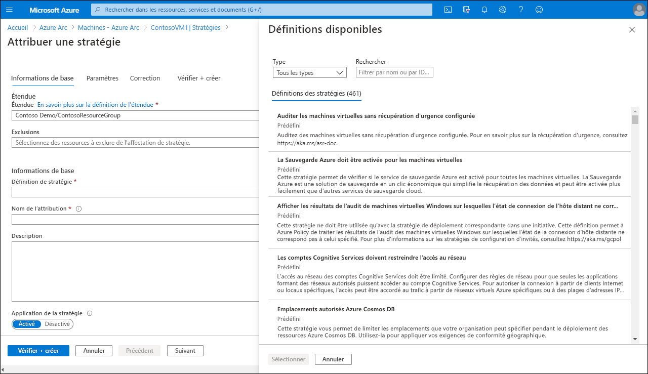 A screenshot of the Assign policy page in the Azure portal. The administrator is selecting from a list of available policies.