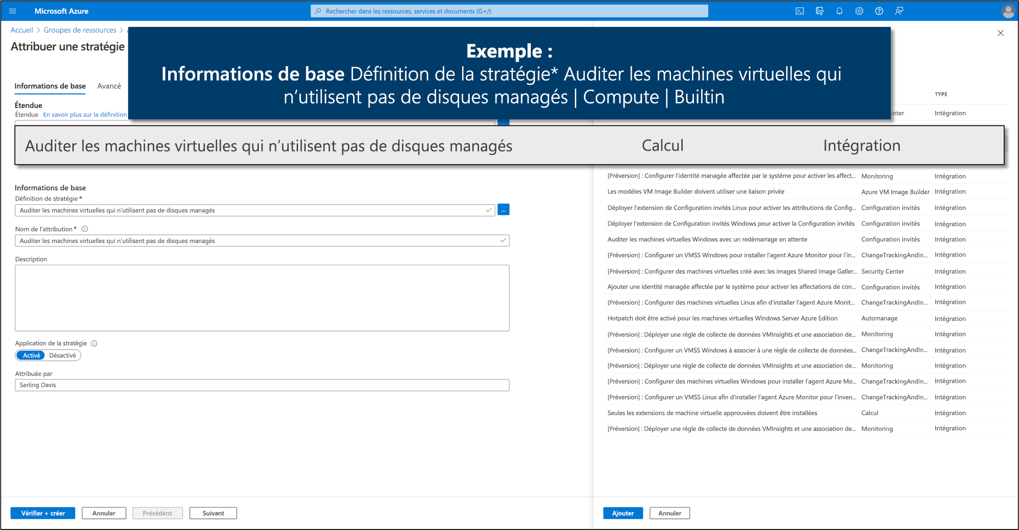 Capture d’écran montrant un exemple de définition de stratégie de base pour auditer des machines virtuelles sans disques managés.