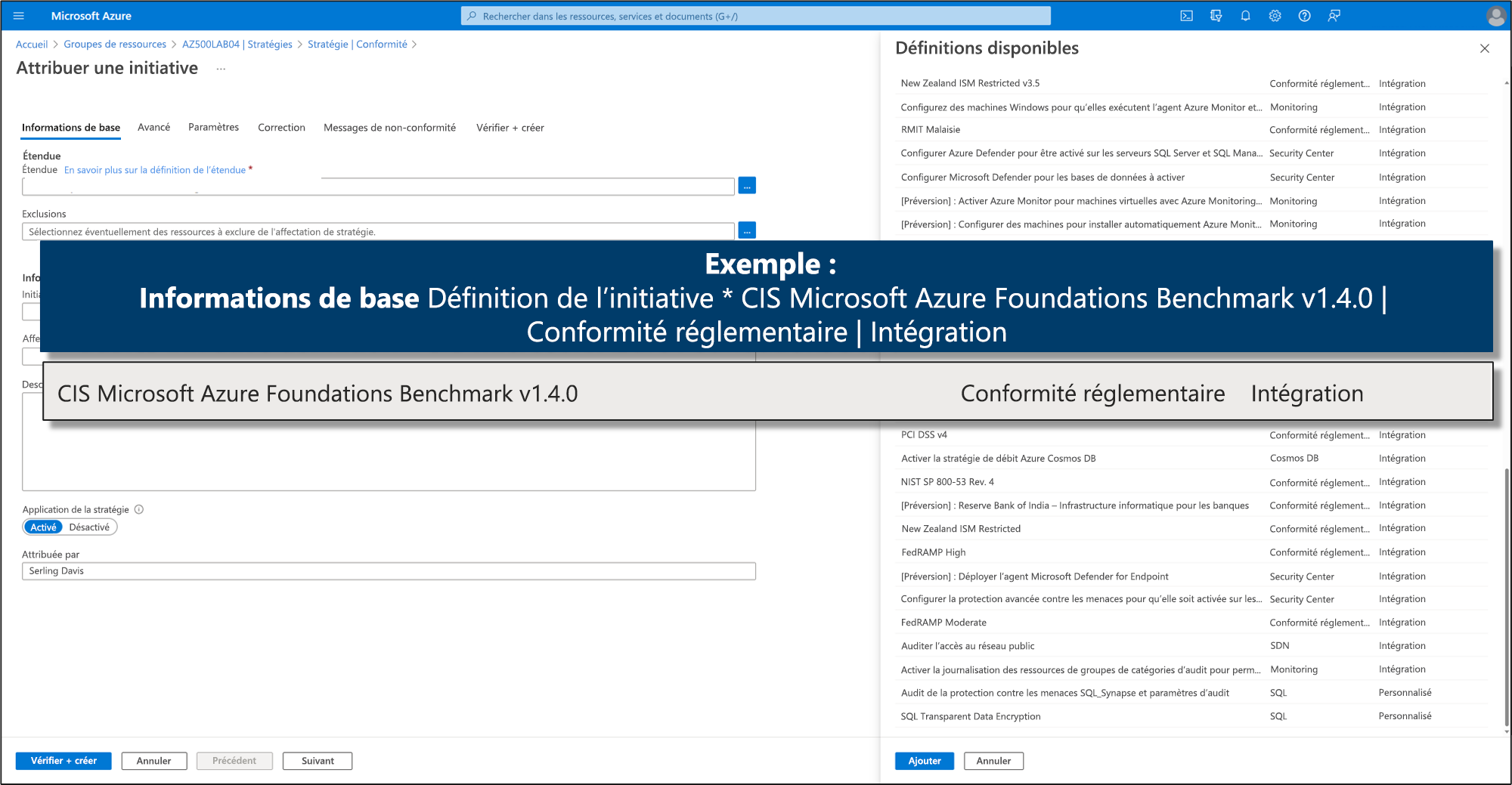 Capture d’écran montrant un exemple du CIS Microsoft Azure Foundations Benchmark.