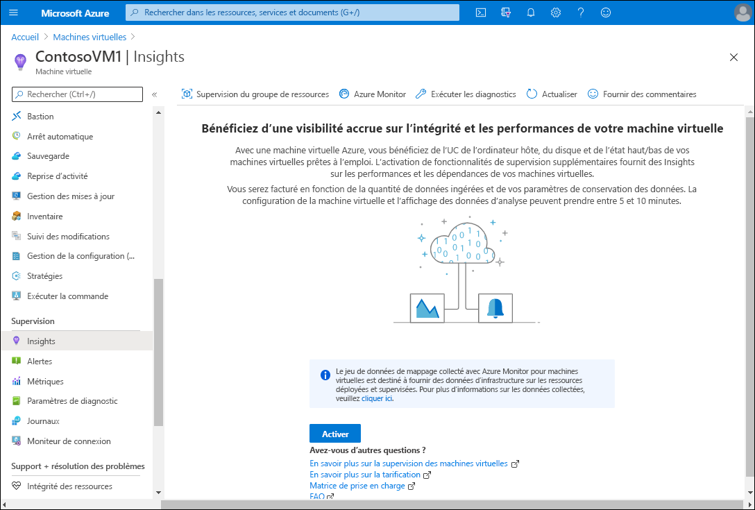 Capture d’écran de la page Insights pour une machine virtuelle dans Azure, avec le bouton Activer dans le volet d’informations.