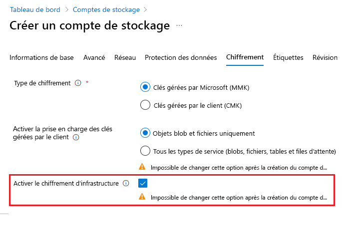 Capture d’écran montrant comment créer un compte avec le chiffrement d’infrastructure activé.