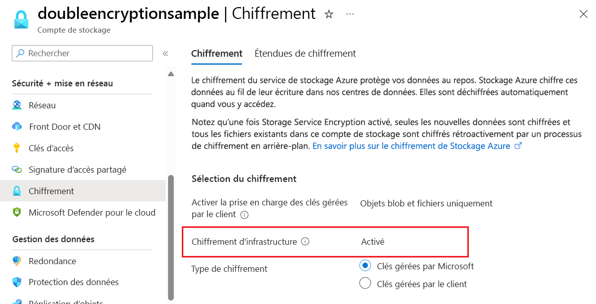 Capture d’écran montrant comment vérifier que le chiffrement de l’infrastructure est activé pour un compte de stockage.