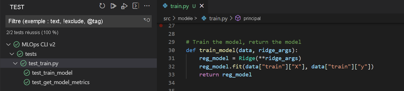 Capture d’écran des résultats de tests unitaires réussis dans Visual Studio Code.