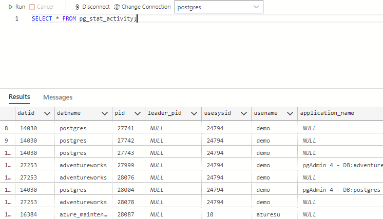 Capture d’écran de la requête pg_stat_activity.