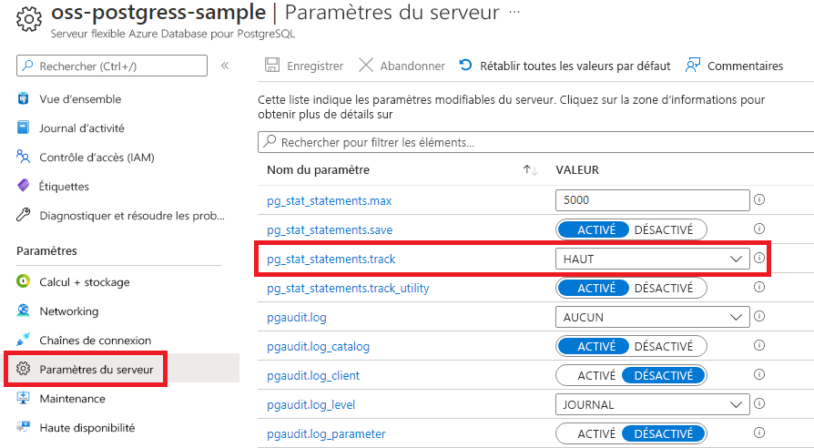 Capture d’écran de la commande pg_statements.