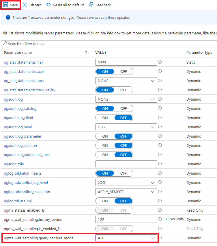 Capture d’écran des paramètres pour activer pgms_wait_sampling.query_capture_mode.
