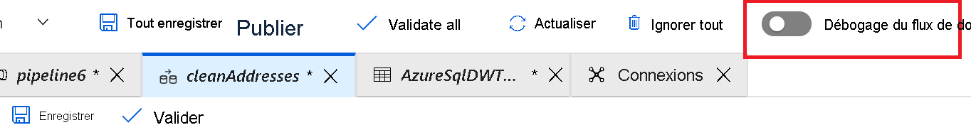 Capture d’écran montrant que le bouton bascule « Data Flow Debug » est activé.