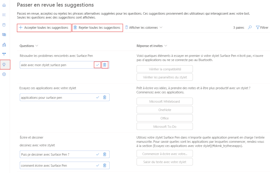 Capture d’écran du volet Vérifier les suggestions.