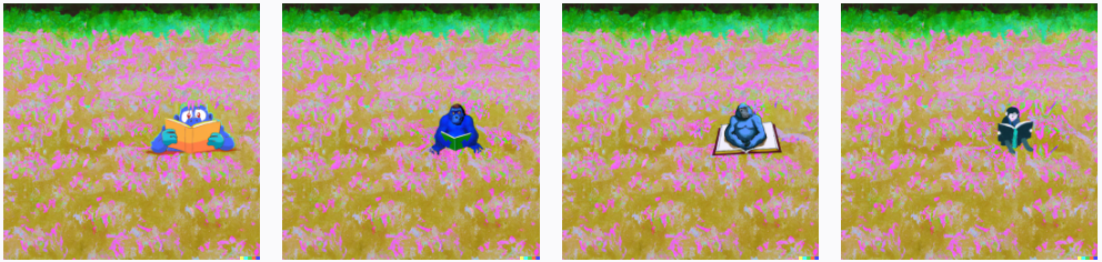Four AI generated art depictions of a blue gorilla in a field.