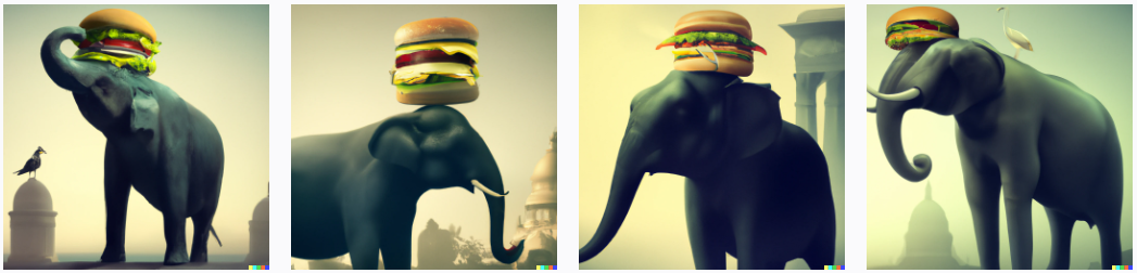 Four AI generated art variations of an elephant with a burger on its head.
