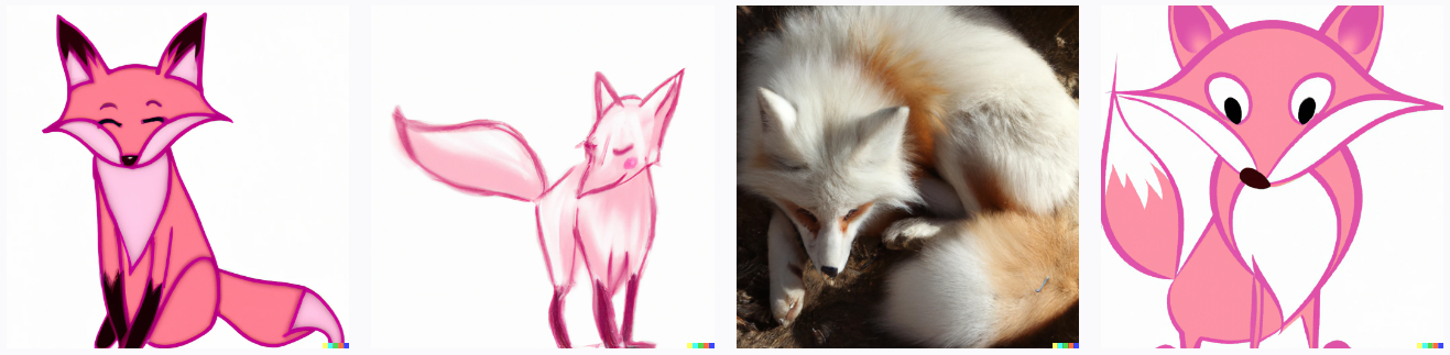 Four AI generated art depictions of different pink foxes.