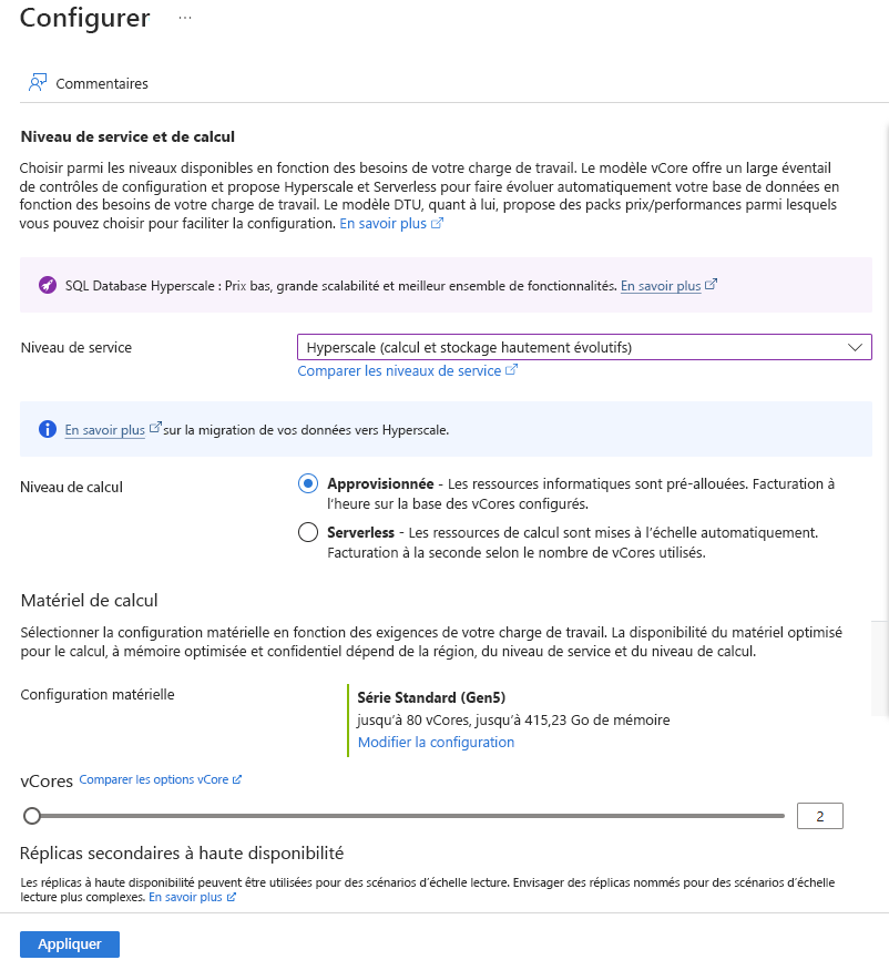 Capture d’écran montrant la configuration d’Hyperscale pour Azure SQL Database.