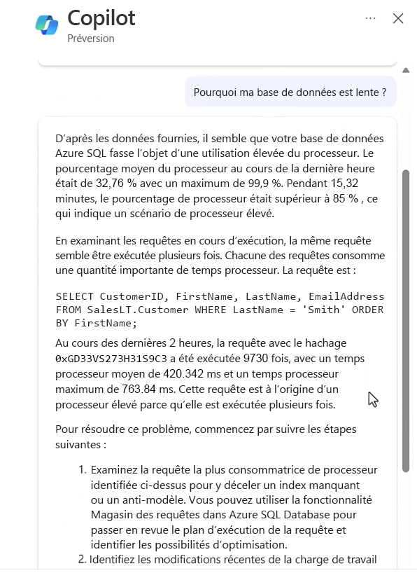 Capture d'écran de Copilot pour Azure SQL Database.