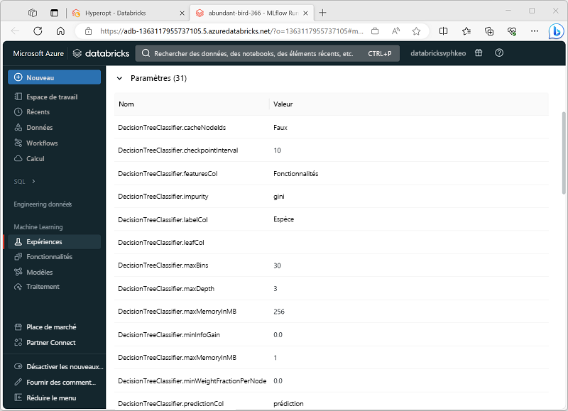 Capture d’écran de l’exécution de MLflow pour une version d’évaluation Optuna.