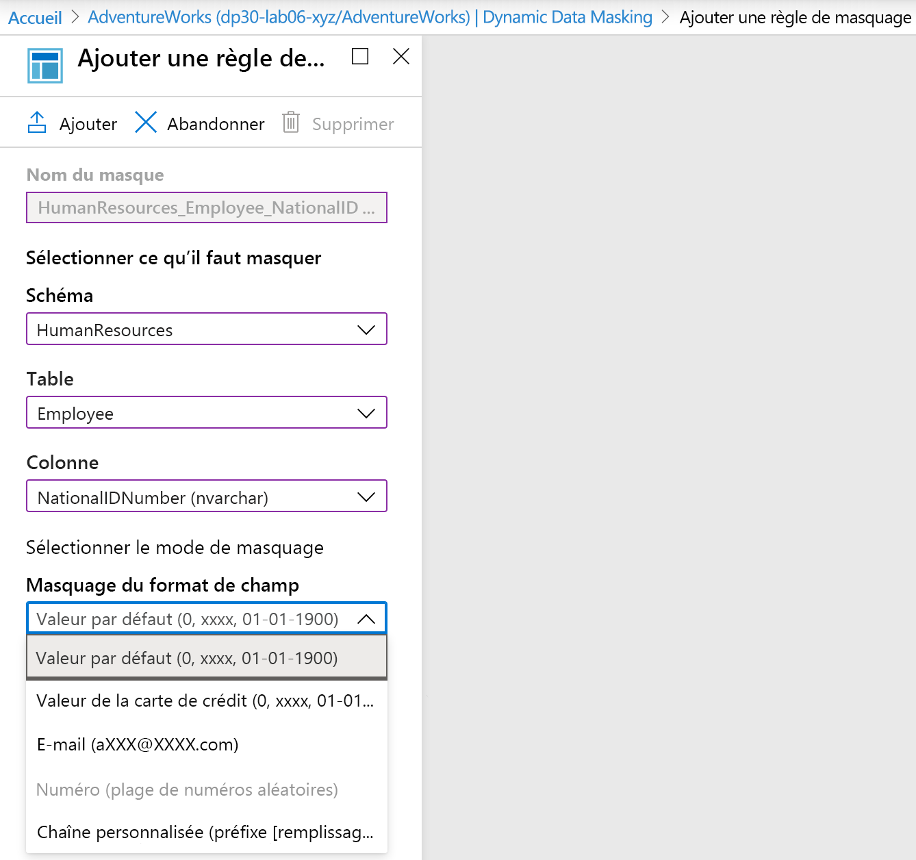 Capture d’écran de la manière d’ajouter une règle de masquage dans le portail Azure.