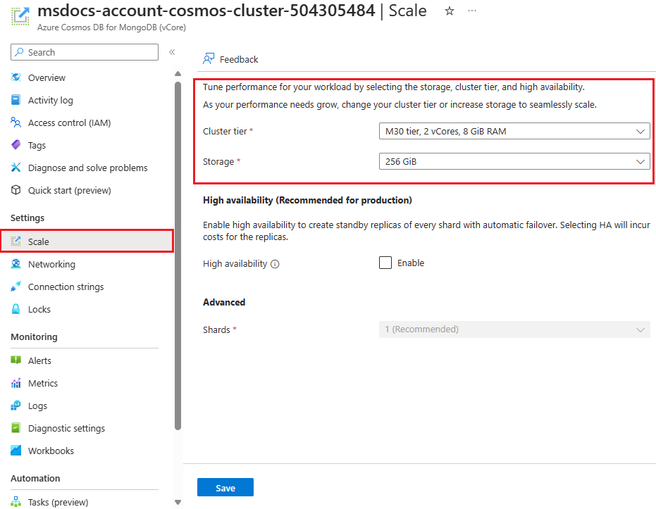 Capture d’écran des paramètres de mise à l’échelle du cluster.