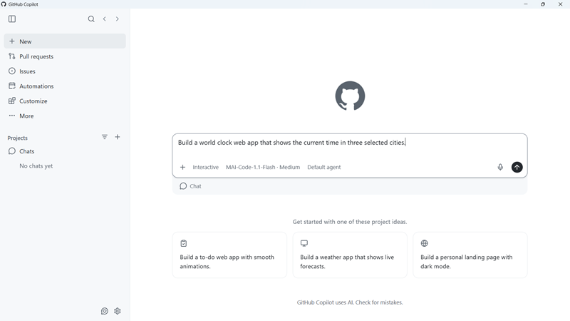 Capture d’écran du modèle MAI-Code-1.1-Flash sélectionné dans le application Copilot GitHub.